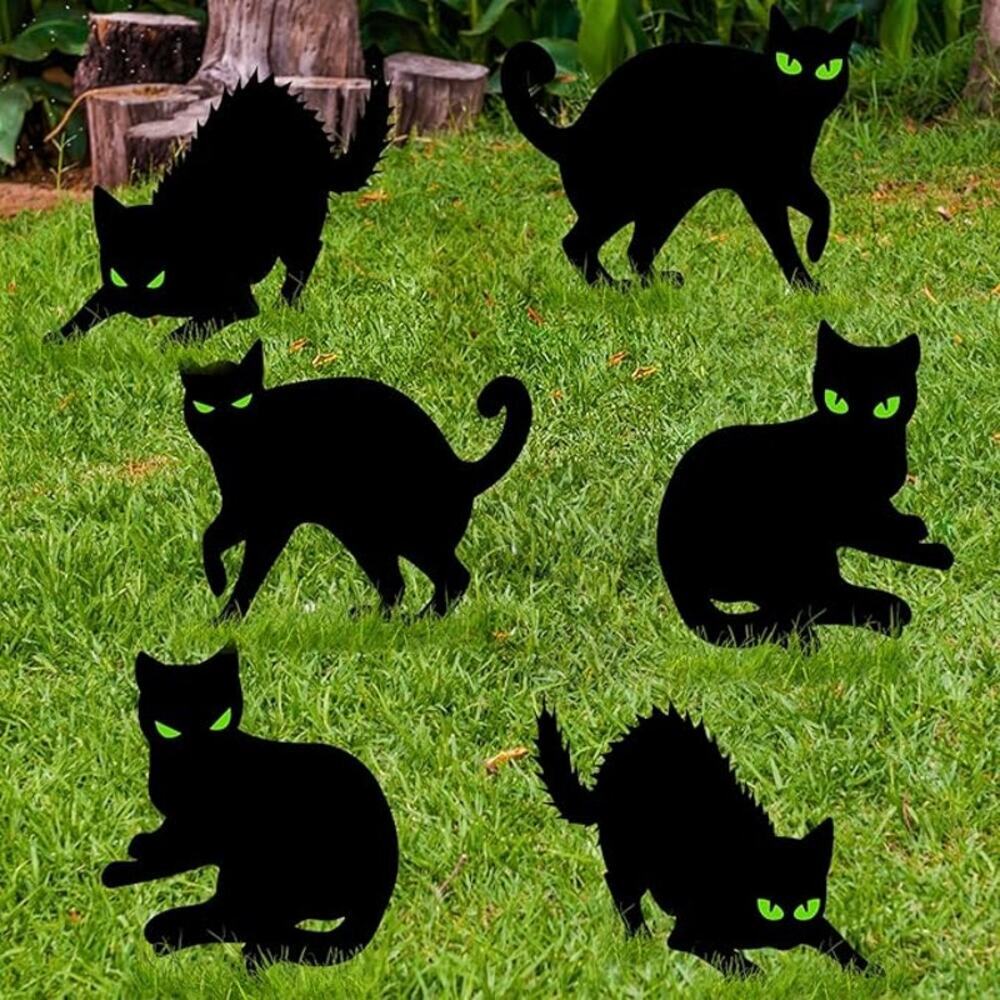 Halloween Black Cat Yard Decorations 6 Pack Glow Eyes Outdoor Lawn Garden Signs